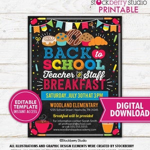 Back to School Teacher Staff Breakfast Flyer PTO PTA Fundraiser Back to School Breakfast Invitation Printable Download Editable Template