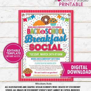 Back to School Breakfast Social Flyer PTO PTA Fundraiser Invite Meet the Teacher Staff Breakfast Invitation Printable Download Editable