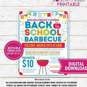 Back to School BBQ Flyer PTO PTA School Fundraiser Flyer First Day of School Barbecue Party Picnic Template Printable Download Editable