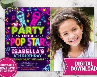 Pop Star Birthday Photo Invitation Printable Girl Neon Glow in the Dark Music Dance Sing Invite Printed Digital Download Editable Template