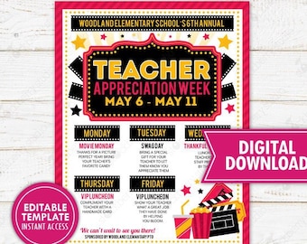 Hollywood Movie Teacher Appreciation Week Schedule Itinerary Flyer Printable You're A Star School PTO PTA Event Planner Editable Template