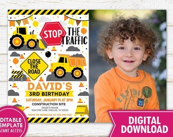 Construction Birthday Photo Invitation Printable Dump Truck Party Invite Printed Construction Invitations Digital Download Template Editable