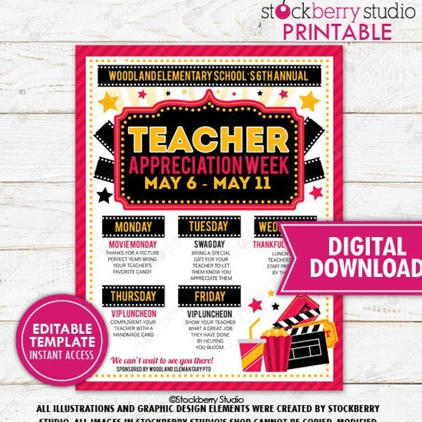 Hollywood Movie Teacher Appreciation Week Schedule Itinerary Flyer Printable You're A Star School PTO PTA Event Planner Editable Template