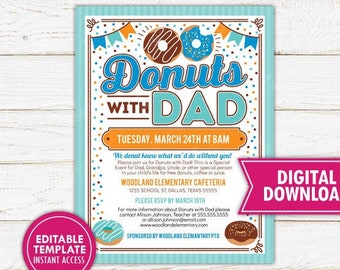 Donuts with Dad Invitation PTA School Event Flyer Father's Day PTO Fundraiser Dad Appreciation Breakfast Printable Instant Download Editable