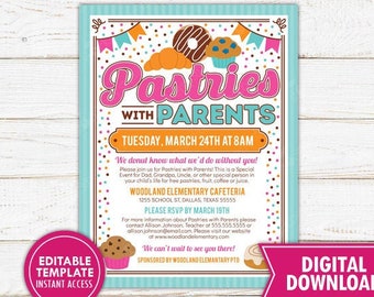 Pastries with Parents Invitation PTA Breakfast School Fundraiser Flyer Printable Parent Appreciation Open House Instant Download Editable