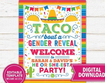 Taco Bout A Gender Reveal Welcome Sign Fiesta He or She-esta Fiesta Decorations Mexican Themed Decor Printable Editable Instant Download