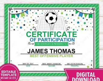 Soccer Award Certificate Printable End of Season Team Awards Sportsmanship Awards Sports Certificates Instant Download Editable