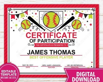 Softball Award Certificate Printable End of Season Team Awards T-Ball Sportsmanship Awards Sports Certificates Instant Download Editable