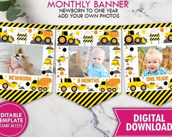 Construction Monthly Photo Banner One Year Milestone Dump Truck Digger Excavator Construction Birthday Party Instant Download Editable