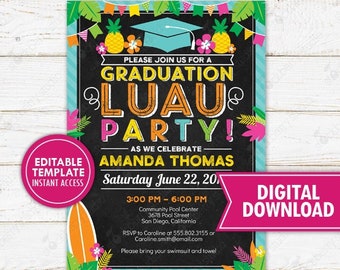 Luau Graduation Invitation Printable Beach Theme Grad Tropical High School Senior College Graduate Invite Editable Digital Download