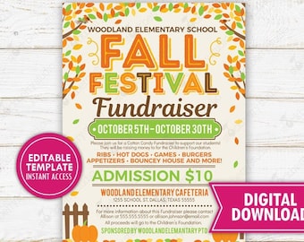 Puede incluir: Un folleto imprimible para una recaudación de fondos del festival de otoño, con las palabras "Fall Festival Fundraiser" y "Woodland Elementary School". El diseño incluye hojas de otoño y detalles sobre el evento, la admisión y la información de contacto.