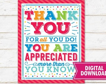 Thank You for all You Do Sign Printable Teacher Appreciation Employee Staff Nurse Volunteer Coworker Boss You're a Star School PTO PTA