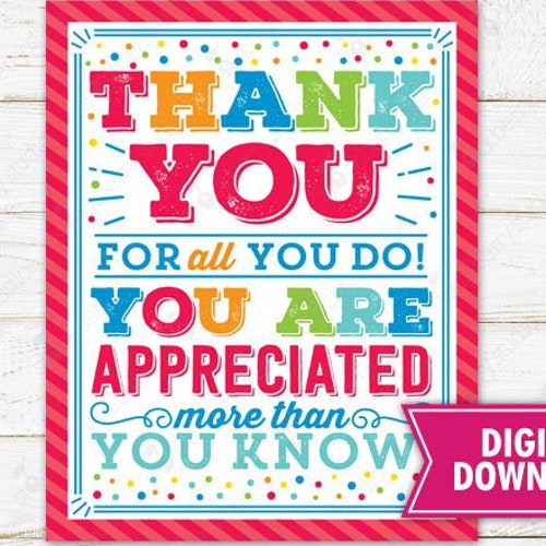 Printable Thank You for All You Do You Are Appreciated Sign - Etsy