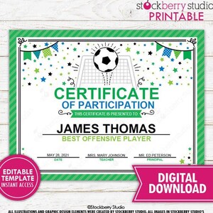 Soccer Award Certificate Printable End of Season Team Awards ...