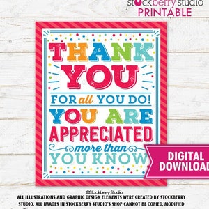 Thank You for all You Do Sign Printable Teacher Appreciation Employee Staff Nurse Volunteer Coworker Boss You're a Star School PTO PTA