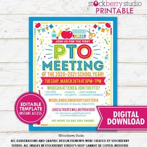PTO PTA Meeting Informational Flyer School Fundraiser Event Volunteer Recruitment Handout Printable Instant Download Editable Template