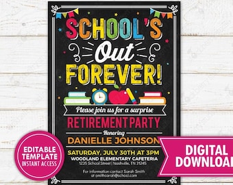 Teacher Retirement Invitation Printable School's Out Forever Principal Retirement Party Invite Editable Instant Download Template