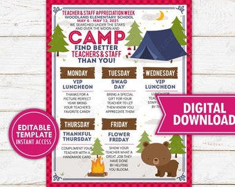 Camp Teacher Appreciation Week Schedule Itinerary Flyer Printable School PTO PTA Outdoor Wilderness Schedule Event Planner Editable Template