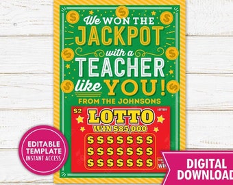 Lottery Ticket Holder Printable Lotto Teacher Appreciation Won Jackpot with a Teacher Like You Lottery Gift Card Holder Thank You Editable