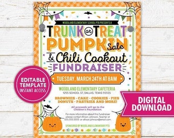 Puede incluir: Un folleto imprimible para una recaudación de fondos de Trunk or Treat Pumpkin Sale & Chili Cookout. El diseño presenta colores naranja, verde y morado con gráficos de calabazas y telarañas. El folleto incluye los detalles del evento.