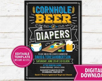 Cornhole Beer Baby Shower Invitation Barbeque Diaper Party Invite Printable Baby Q Man Dad Couples Shower Baby Sprinkle Template Editable