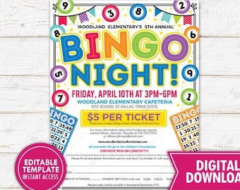 Bingo Night Form Flyer Printable Fundraiser Community Event Invitation Church Company Invite Family School PTA PTO Template Editable Digital
