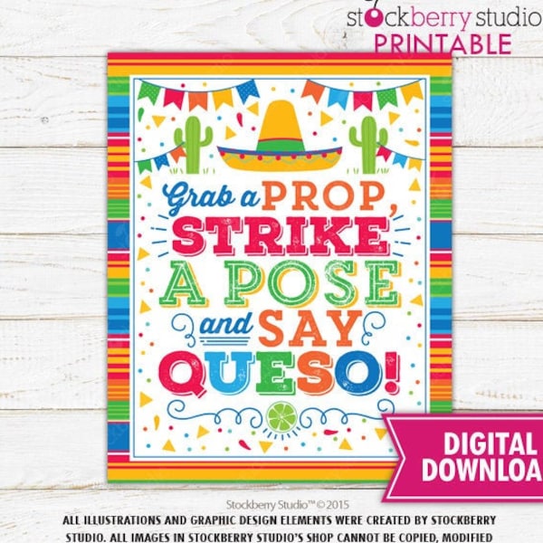 Fiesta Photo Booth Sign Grab a Prop Strike a Pose and Say Queso Fiesta Decor Fiesta Sign Fiesta Printable Fiesta Decoration Instant Download