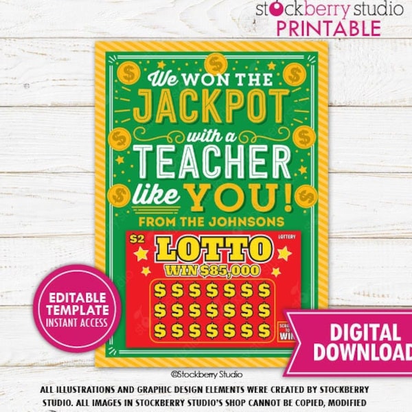 Lottery Ticket Holder Printable Lotto Teacher Appreciation Won Jackpot with a Teacher Like You Lottery Gift Card Holder Thank You Editable