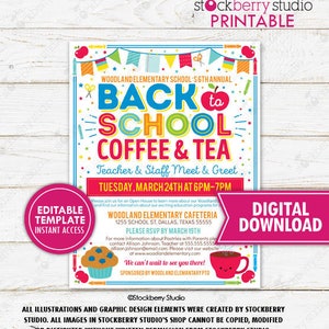 Back to School Coffee Tea Breakfast Social Flyer PTO PTA Fundraiser Invite Teacher Staff Meet and Great Breakfast Printable Editable