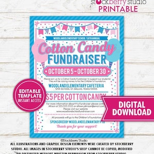 Cotton Candy Fundraiser Flyer Printable School PTO PTA Community Church Nonprofit Charity Event Editable Template Digital Download