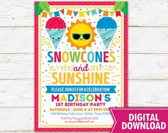 Snowcones and Sunshine Party Invitation Printable Pool Bash Kids Summer Birthday Party Invite  Ice Cream Editable Digital Download