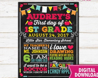 Może przedstawiać: Cyfrowy plakat do pobrania na pierwszy dzień 1 klasy. Znak jest czarny z kolorowym tekstem i grafiką, w tym imieniem "Audrey", datą i "Little Star Elementary School". Wymienia również ulubione rzeczy.