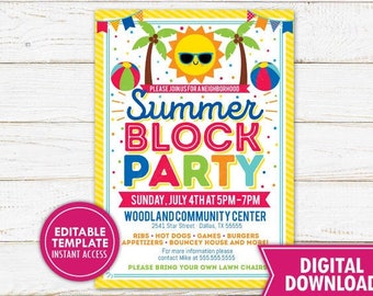 Invitación a fiesta de barrio de verano, barbacoa de barrio, picnic, anuncio de verano, barbacoa al aire libre, invitación, plantilla imprimible, editable digitalmente