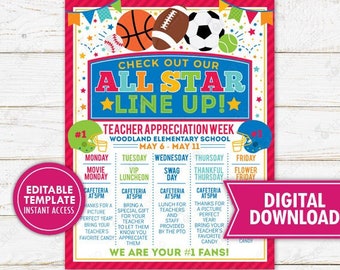 Sports Teacher Appreciation Week Schedule Itinerary Flyer Printable All Star Vip Employee School PTO PTA Event Planner Editable Template