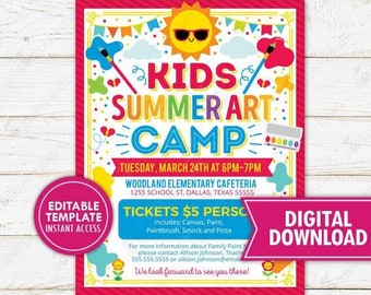 Kids Summer Art Camp Flyer Printable Artist Teacher Marketing Elementary Middle High School Invitation Editable Digital Download Template