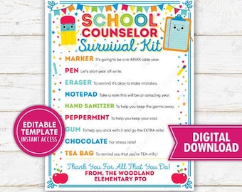 School Counselor Survival Kit Printable Thank You Guidance Counselor Appreciation Week Gift Back to School Idea PTO PTA Template Editable