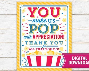 Popcorn Thank You Sign Printable Teacher Appreciation Volunteer Coworker Employee Staff Nurse School PTO PTA Instant Download