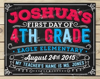 Może przedstawiać: Tablica w stylu szkolnym z napisem "Joshua's First Day of 4th Grade" w kolorze czerwonym i niebieskim. Zawiera nazwę szkoły, datę i nazwisko nauczyciela, wszystko na czarnym tle z białymi elementami dekoracyjnymi.