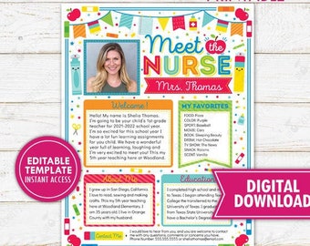 Puede incluir: Una colorida plantilla imprimible "Conoce a la enfermera" con una foto de una mujer sonriente. El diseño incluye secciones para bienvenida, favoritos y educación, con el texto "Descarga digital" y "Acceso instantáneo a la plantilla editable".
