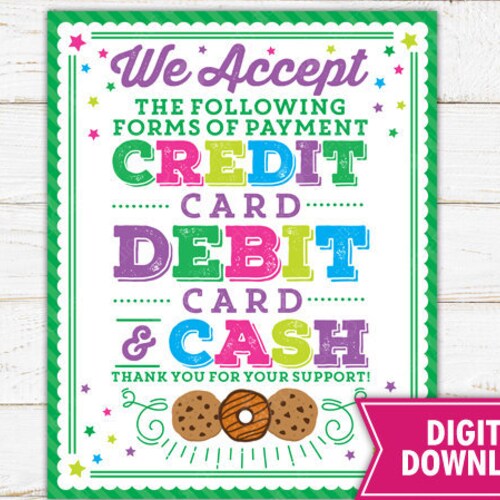 We Accept Cash Debit Credit Card Sign Scout Cookie Booth Sign | Etsy