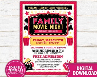 May include: A printable, pink and red Family Movie Night flyer. The flyer includes the text "Family Movie Night" and "Featuring Sleeping Beauty". It also includes the date, time, location, and RSVP information.