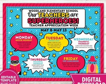 Superhero Teacher Staff Appreciation Week Schedule Itinerary Flyer Printable School Newsletter PTO PTA Event Planner Editable Template