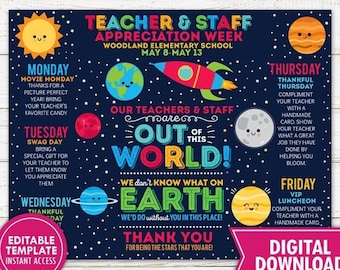 Space Theme Teacher Staff Appreciation Week Schedule Itinerary Flyer Printable School Newsletter PTO PTA Event Planner Editable Template