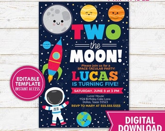 Two the Moon Birthday Invitation Printable Outer Space Astronaut Rocket Ship Solar System Invite Boy Printed Digital Download Editable