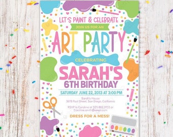 Invitación de cumpleaños para fiesta de arte, editable, arcoíris pastel, pintura de fiesta, vestido para un desastre, invitación de cumpleaños de arte, fiesta de pintura, fiesta de manualidades, fiesta digital