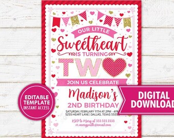 Valentine 2nd Birthday Invitation Printable Heart Birthday Invite Valentine's Day Party Sweetheart Turning Two Party Template Editable