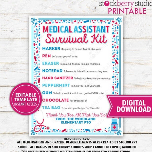 Medical Assistant Survival Kit Printable Thank You CNA National Nurses Day Appreciation Week Gift Idea PTO PTA Template Editable Digital