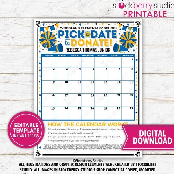 Cheerleader Pick a Date to Donate Calendar Flyer Printable Cheer Fundraiser Sponsor Dance Team School Sports Digital Editable Template