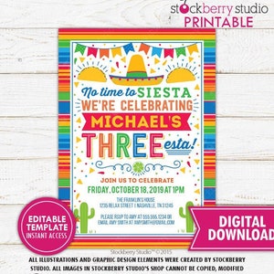 Three esta Invitation 3rd Birthday Fiesta Three-esta Invitation Printable Fiesta Birthday Invite Editable Threeesta Mexican Instant Download