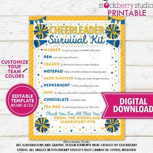 Cheerleader Survival Kit Printable Cheer Team Gift Kids School Idea Snack Treat Tag Printable Template Editable Digital Download